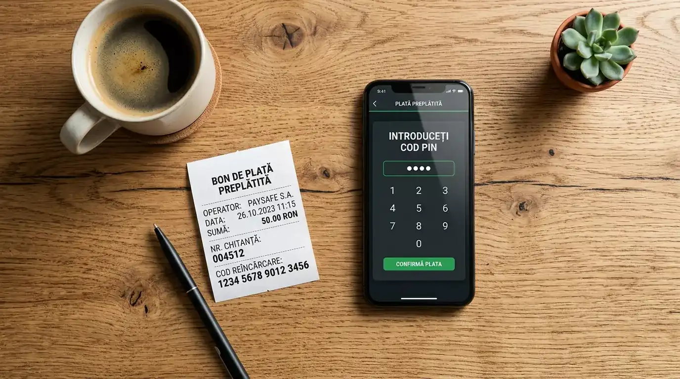 Voucher preplătit Paysafecard cu cod PIN de 16 cifre folosit pentru depunere la pariuri sportive